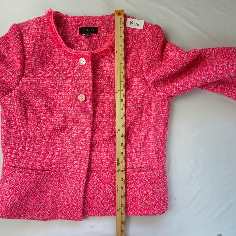 Talbots Tweed Blazer Womens 12 Pink Fringe Trim Button Front Peplum Jacket - Picture 10 of 10